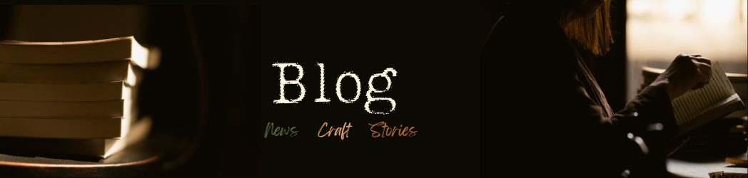 A stack of books on the left and the profile of a woman reading on the right with a dark background between. The image says "Blog" and underneath are the words "news, craft, stories."